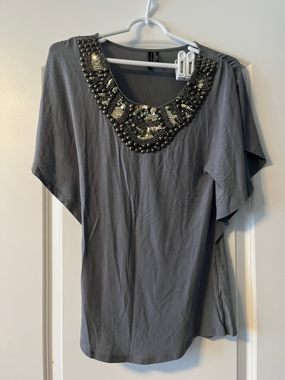 Guess by Marciano Gray Beaded Scoop Neck Blouse